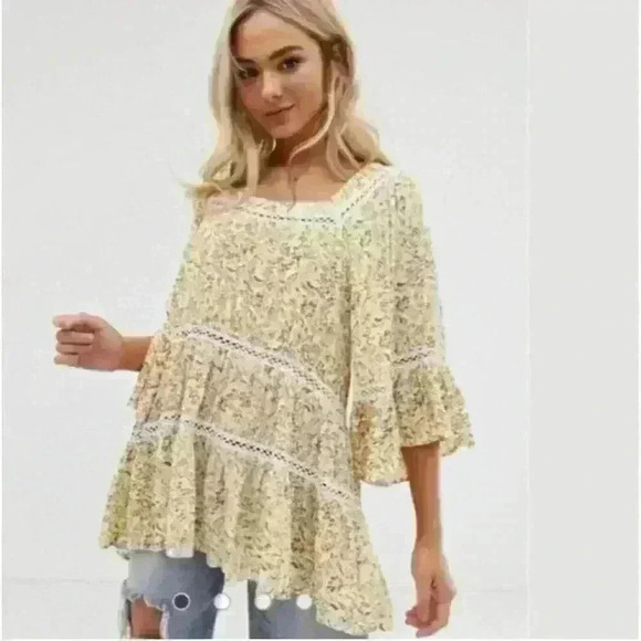 Free People Talk About It Tunic Boho Top Sz XS OB908667 Ivory Gold Boho Crochet - Picture 1 of 10
